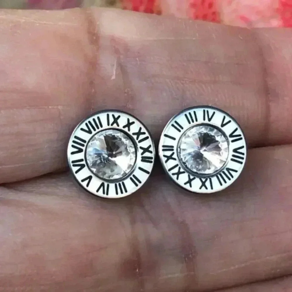 Silver Roman Numerals Designer Style AAA Zircon Stud Earrings NWT